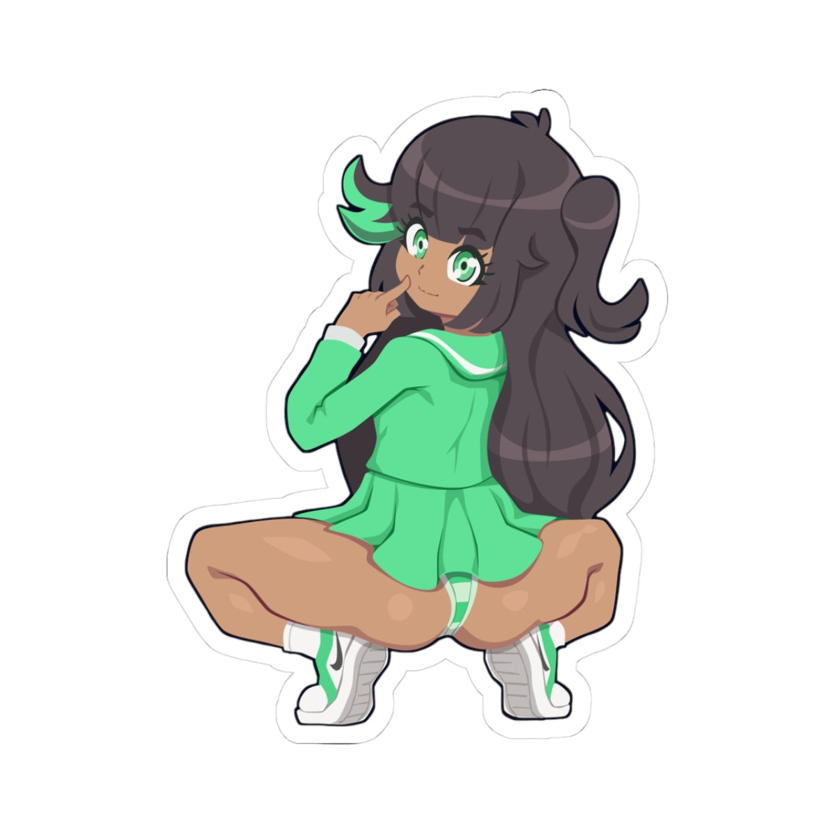 Dark-Skin Schoolgirl Squats Low in Green Skirt - Striped Panty Ass Flash Tease - NSFW Adult Anime Sticker