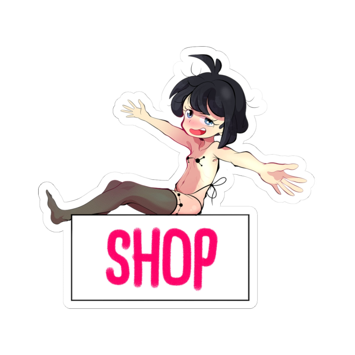 Cute short black-haired anime loli with blue eyes grinning excitedly, topless with small black pasties on nipples, wearing only black thighhigh stockings, mid-jump with arms outstretched over a pink "SHOP" sign against black background