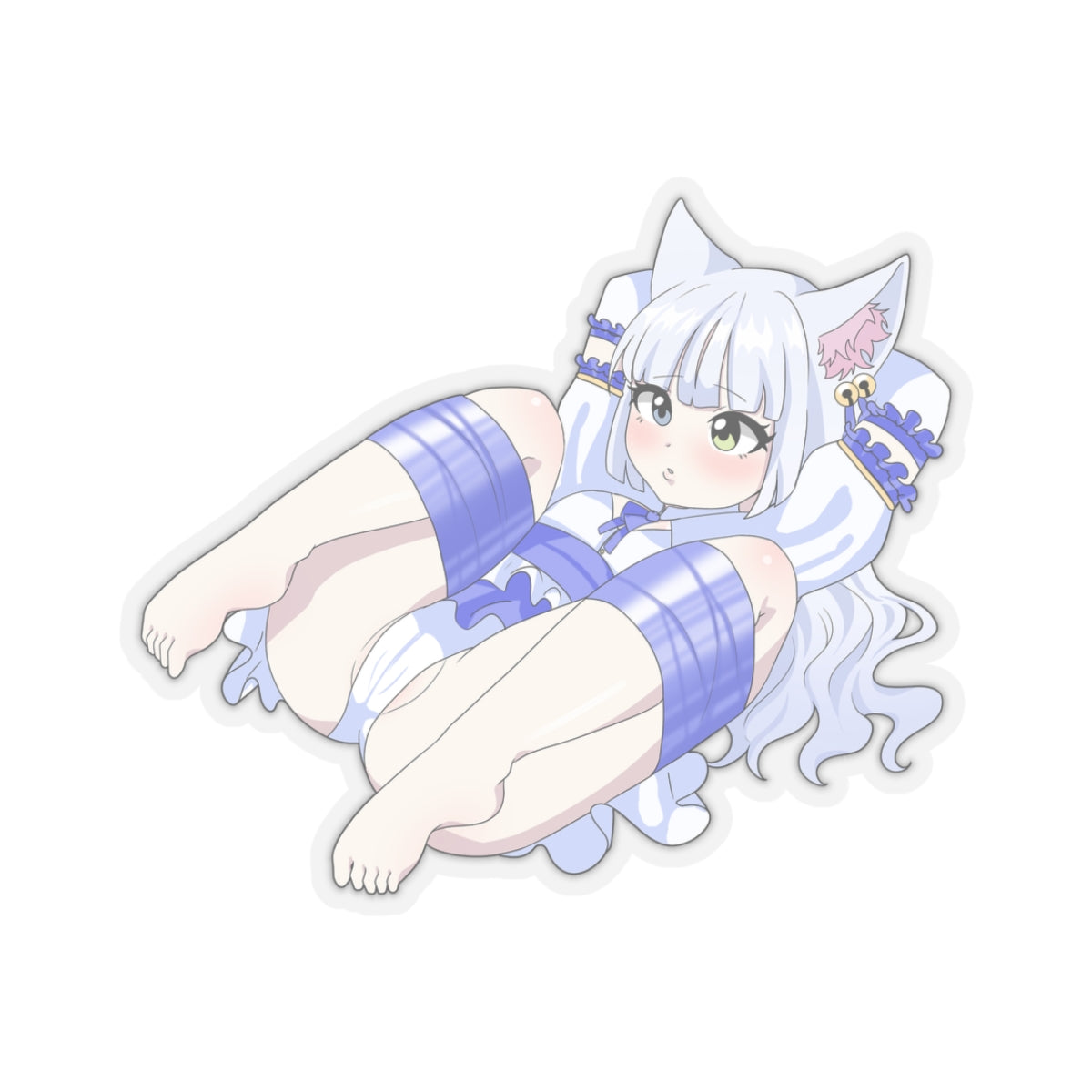 Chibi white-haired catgirl with fluffy ears and green eyes, blushing intensely while intricately bound in blue shibari ropes that accentuate her curves under a tiny dress, crawling submissively with tail restrained