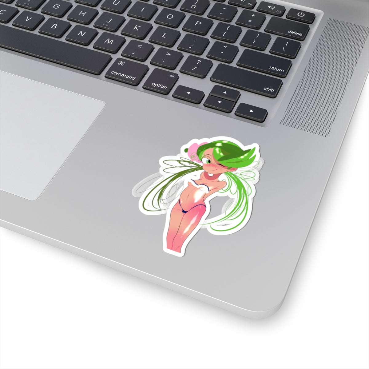 Green Fairy Pinup Sticker — Cute Anime-Style Kiss-Cut Laptop Sticker
