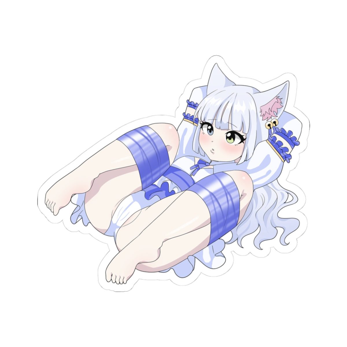Chibi white-haired catgirl with fluffy ears and green eyes, blushing intensely while intricately bound in blue shibari ropes that accentuate her curves under a tiny dress, crawling submissively with tail restrained