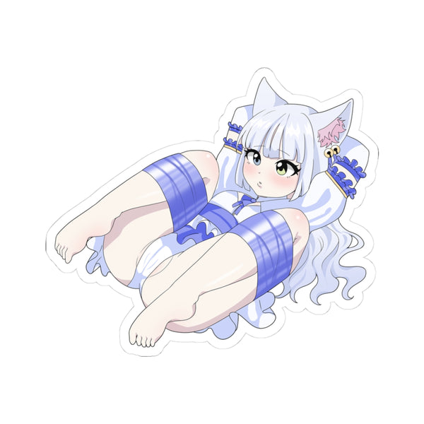Chibi white-haired catgirl with fluffy ears and green eyes, blushing intensely while intricately bound in blue shibari ropes that accentuate her curves under a tiny dress, crawling submissively with tail restrained