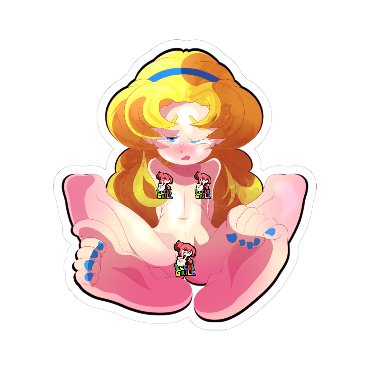 Nude Blonde Hentai Full Spread - Shaved Pussy Close-Up & Blue Toes Foot Fetish Tease - NSFW Adult Anime Sticker