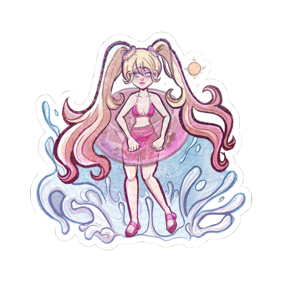 Busty Blonde Twintails Babe in Tiny Pink Bikini - Wet Pool Day - NSFW Adult Anime Sticker
