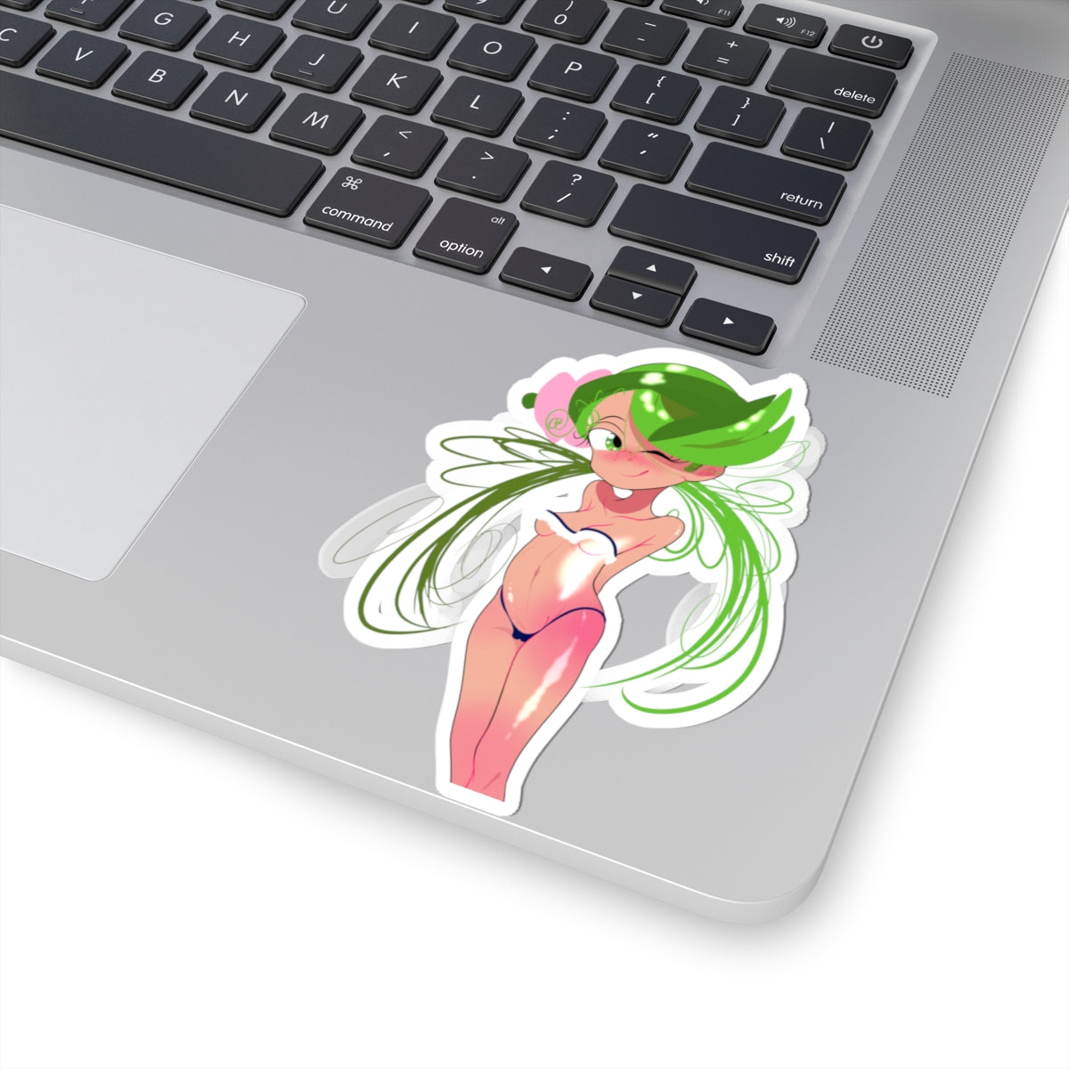 Green Fairy Pinup Sticker — Cute Anime-Style Kiss-Cut Laptop Sticker