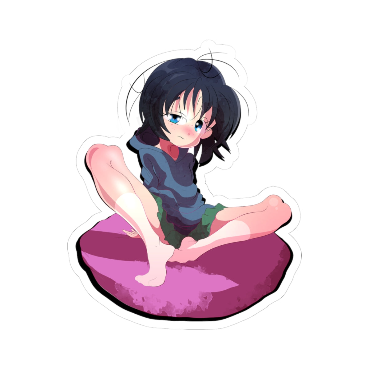 Petite black-haired loli with short messy hair and freckles, wearing loose blue school uniform and red ribbon, sitting with legs wide open on pink cushion, smug half-lidded expression while showing off smooth pale bare feet and soles directly at viewer.