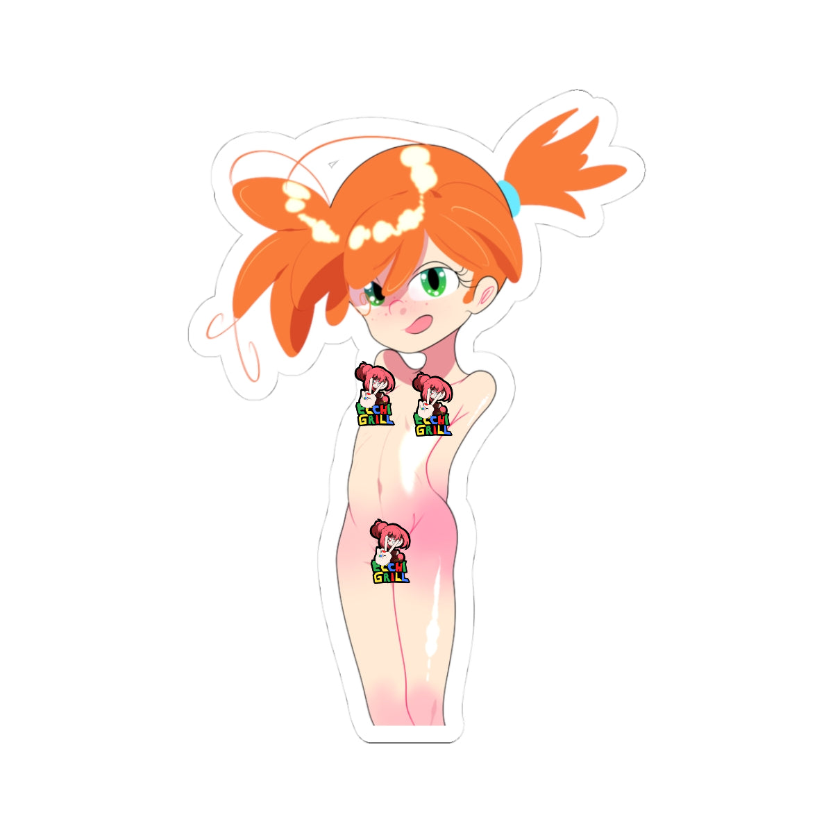 Adorable chibi Pokemon Misty fully nude sticker with signature orange ponytail, green eyes, and playful pout, standing pose highlighting slim figure, small perky breasts with pink nipples, smooth shaved pussy, glistening skin effect, white background cutout.
