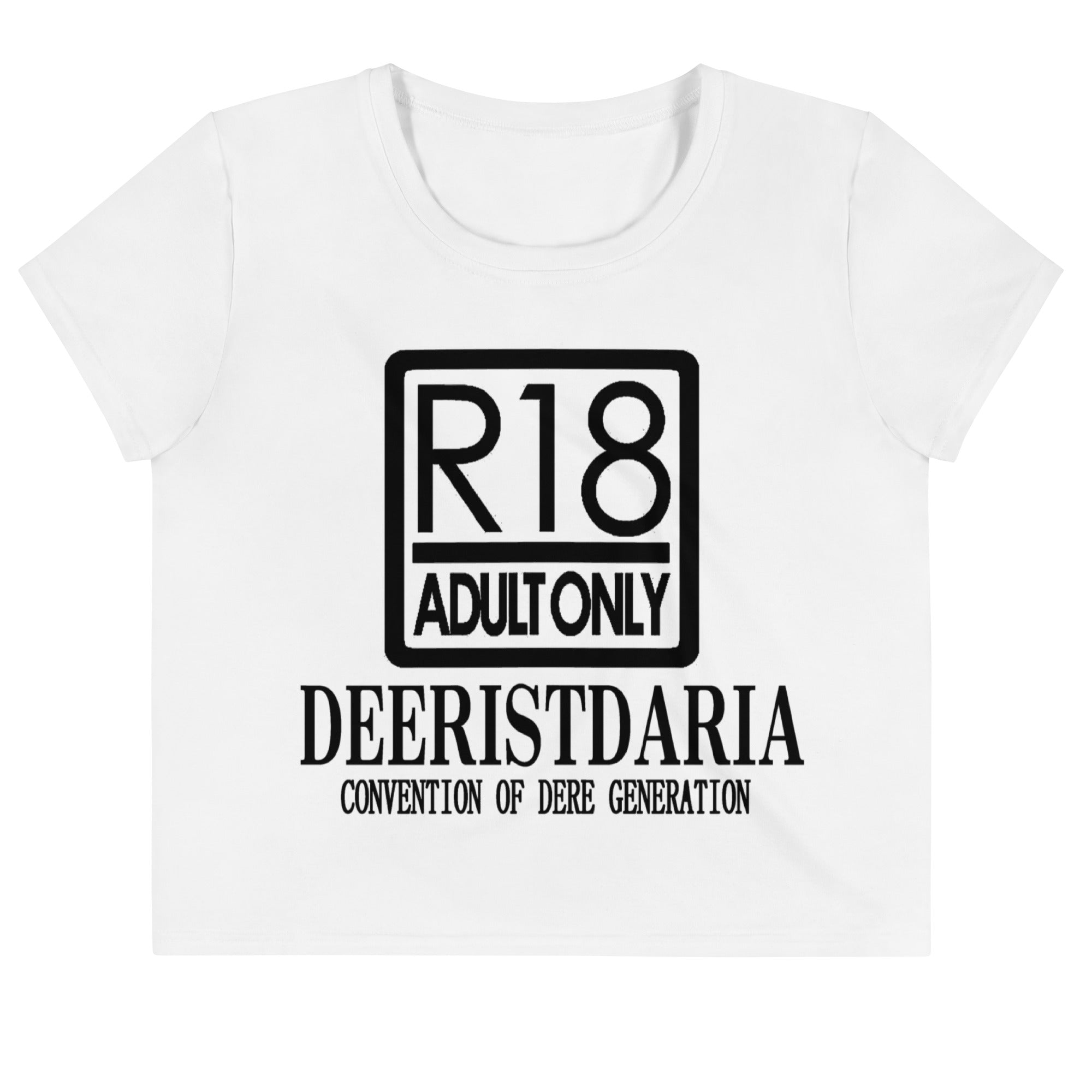 White t-shirt with black text and logo on a white background