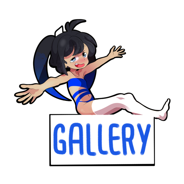 NSFW promotional fanart of anime girl black hair blue eyes blushing in blue sling bikini white thighhighs, jumping excited holding 'GALLERY' sign, black background, ecchi hentai style.
