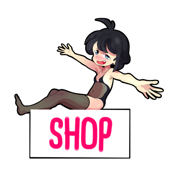 NSFW promotional fanart of anime girl black hair blue eyes blushing in black lingerie, jumping excited holding 'SHOP' sign, transparent background, ecchi hentai style.