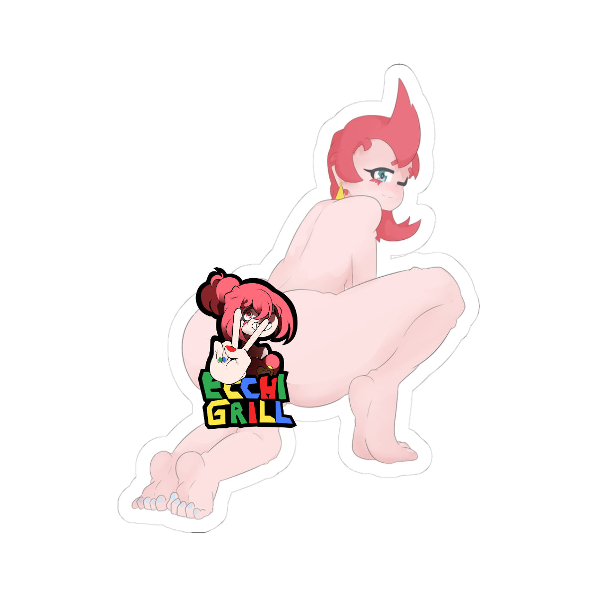 Nude Pokemon Team Rocket Executive Ariana in deep squat with legs spread wide, enormous round pale buttocks fully opened toward viewer, tight anus prominently gaping for anal vore swallowing fantasy, long spiky red hair, blue eyes with seductive wink, yellow earring, aroused MILF expression in chibi hentai style, giantess vore tease.
