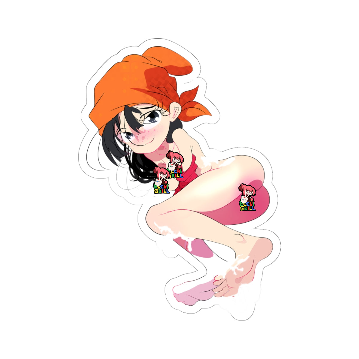 Lewd hentai sticker of anime girl with black hair under orange bandana, squatting pose with massive ass and bare feet covered in sticky white cum, red top pulled down exposing perky tits, shorts aside showing pussy, flushed playful face in explicit foot cumshot scene.