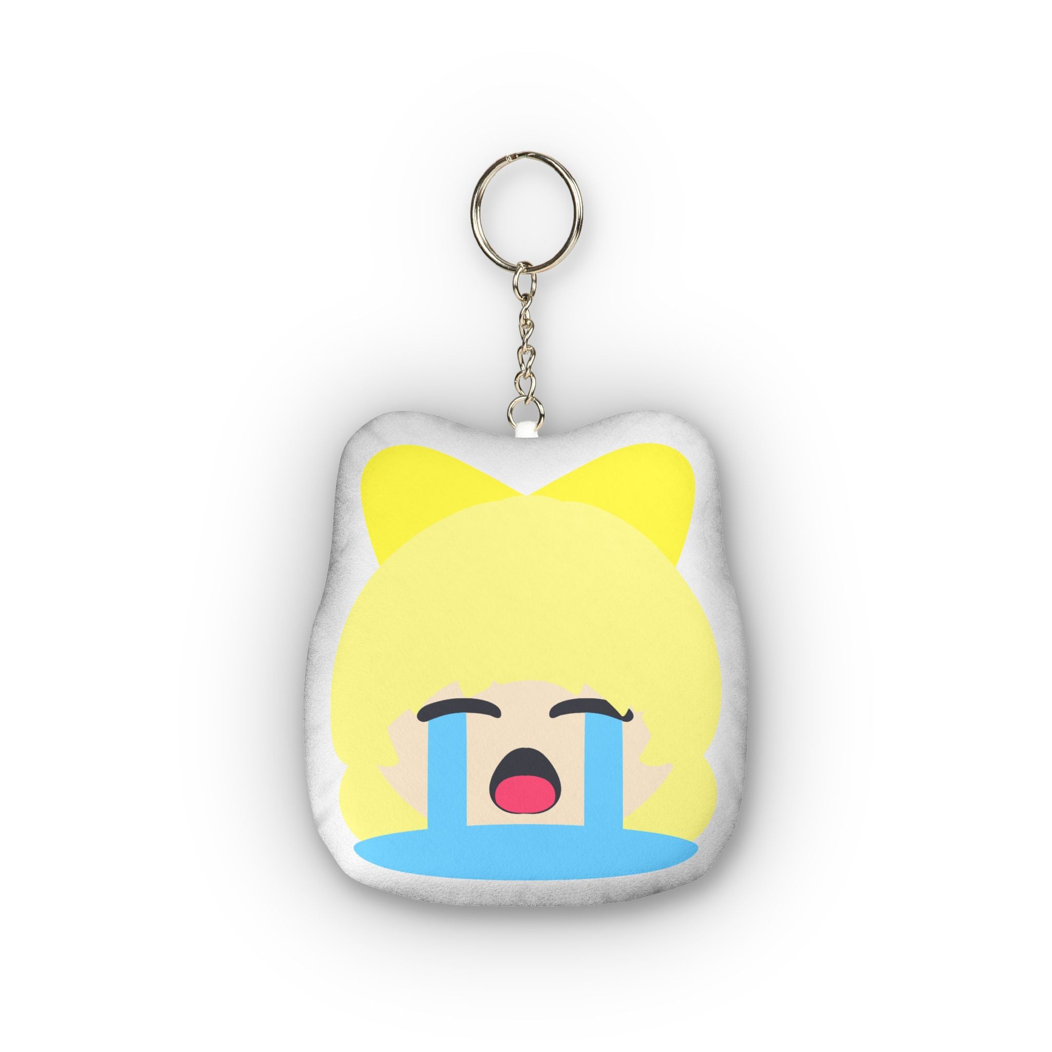 Cute anime plush keychain of a blonde girl with yellow cat ears, eyes closed tight in ecstatic overload, wide open mouth, heavy streaming blue tears cascading down her flushed cheeks, and exaggerated intense ahegao crying expression on a soft rounded pillow charm.