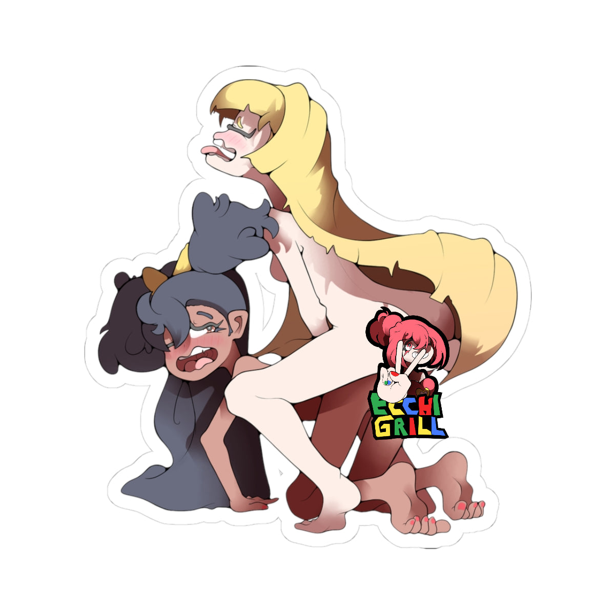 Long blonde-haired futanari anime girl thrusting large cock deep into dark-skinned short-haired tomboy from behind in doggystyle, tomboy on all fours with ahegao expression tongue out eyes crossed, cum overflowing from stretched pussy, both barefoot, intense taboo pleasure.