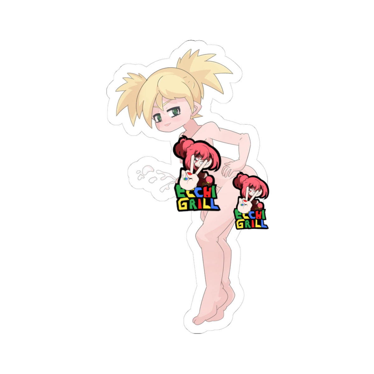 Nude petite blonde anime girl with twintails and green eyes posed on her side, thick ropes of semen splattered across her perky breasts, toned stomach, and round ass, smirking playfully while holding a throbbing futa cock.