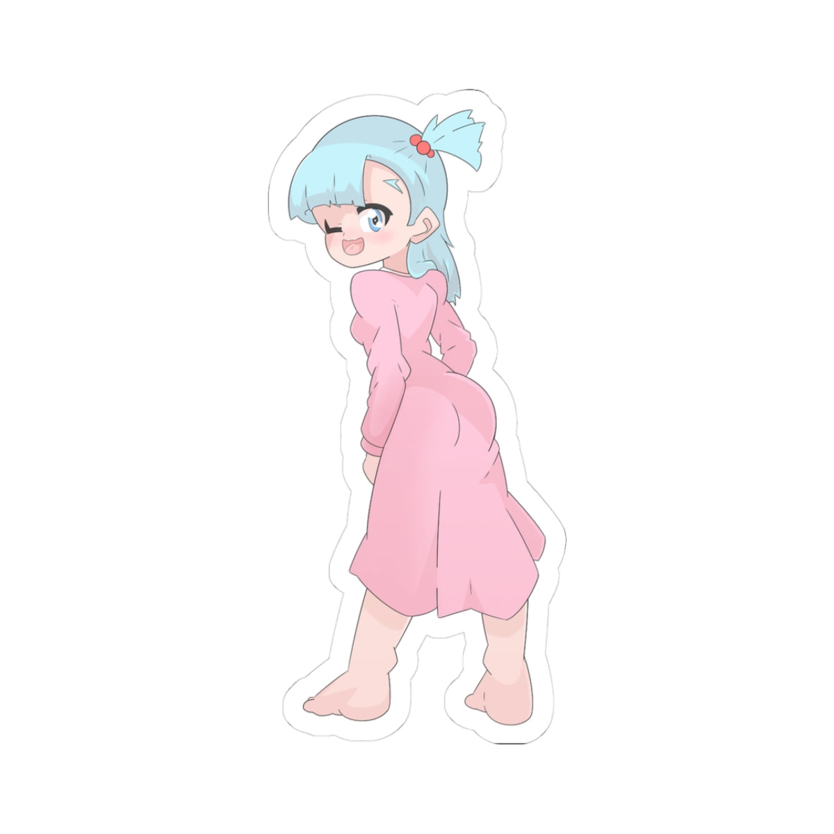 Cute anime girl with short blue hair in a ponytail with red tie, standing sideways in a loose pink dress that clings to her round ass and thighs, winking playfully with tongue out, barefoot, turned to show side profile and booty lift.