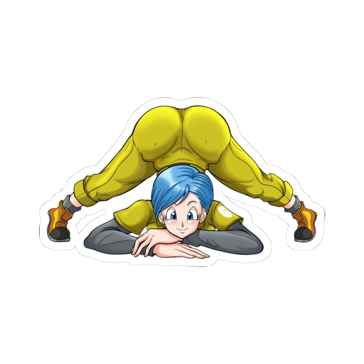 Bulma from Dragon Ball in a deep downward dog yoga pose, wearing tight yellow jumpsuit hugging her enormous round ass and thick muscular thighs, blue short hair, smiling face looking forward, arms stretched out on the ground, orange boots, legs spread wide showing perfect ass curve