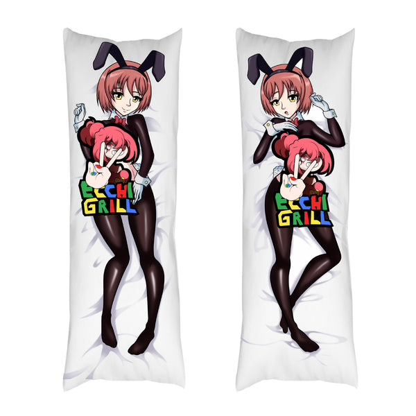 Double-sided anime bunny girl dakimakura pillow featuring short red hair, yellow eyes, black latex bodysuit with exposed huge breasts and nipples, bunny ears and bowtie, seductive pose lying down with one hand teasing her chest and the other near her pussy, glossy and detailed hentai style.