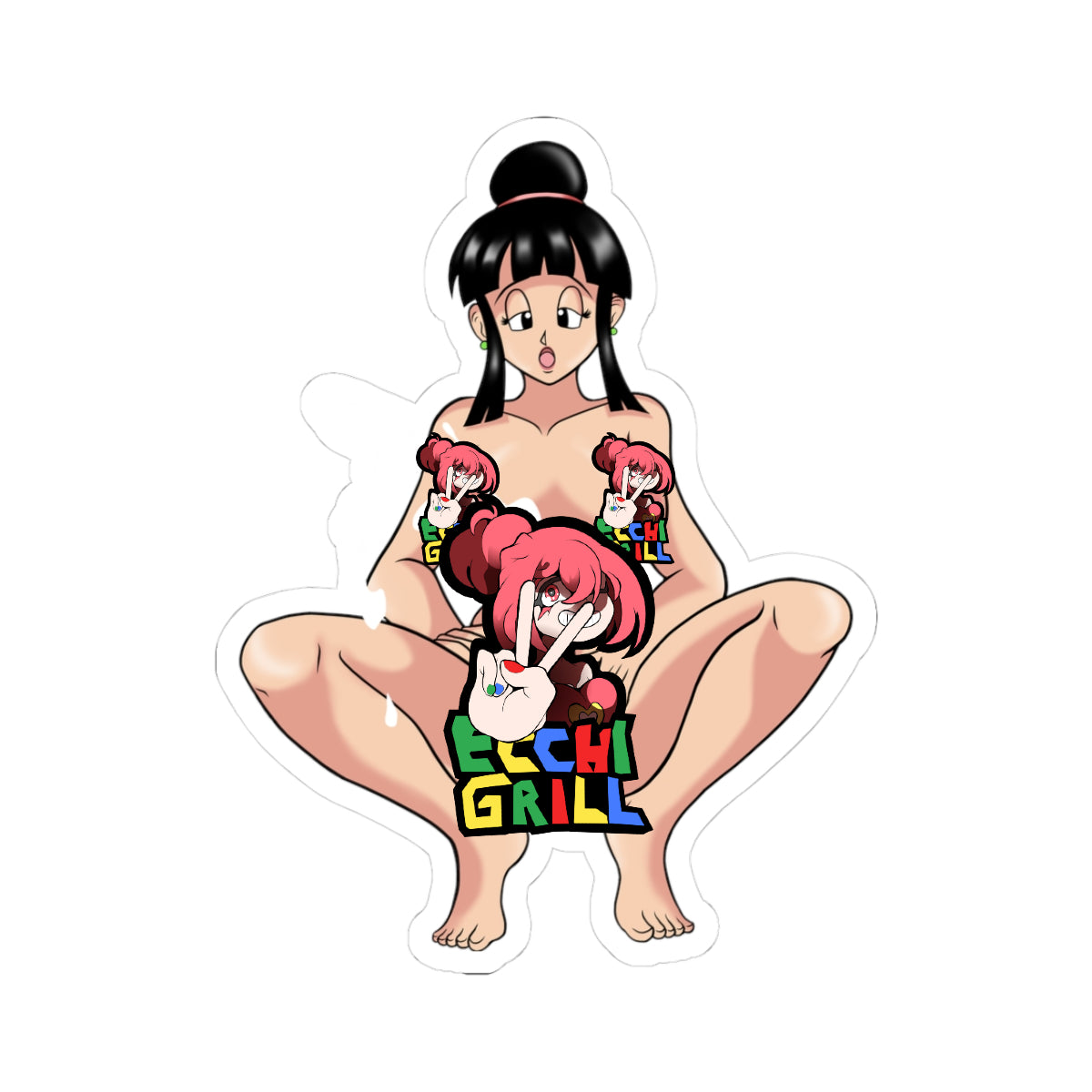 Chi-Chi from Dragon Ball as busty futanari with black hair in high bun and green earrings, ahegao open-mouth expression blushing hard, squatting nude with thighs spread as her enormous erect veiny cock and heavy balls autoejaculate thick white cum blasting her perky breasts, nipples, and dripping down stomach in explosive hands-free orgasm.