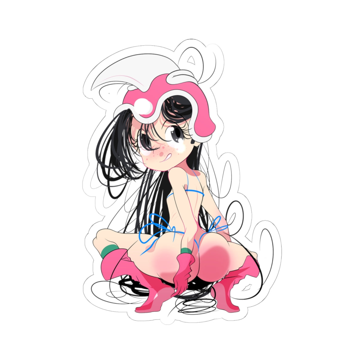 Cute chibi Chi-Chi from Dragon Ball squatting in skimpy blue bikini with pink ribbons and green accents, showing off plump round ass and thick thighs, long black hair, blushing winking face with freckles, oversized pink mushroom helmet hat, vibrant ecchi anime style on white background.