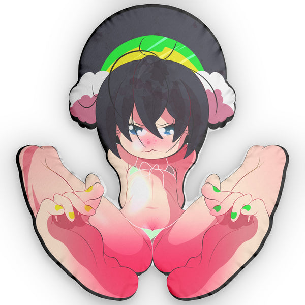 Custom adult dakimakura pillow showing a chibi-style anime girl with short black hair, blue eyes, freckles, and pouty angry expression, rainbow headband with earmuffs, torso and thick legs spread wide apart, wearing tiny green-and-white bikini bottom that reveals cameltoe and exposed skin, pink skin tone, Ecchi Grill branding subtly placed, explicit lewd hugging pillow design for 18+ collectors.