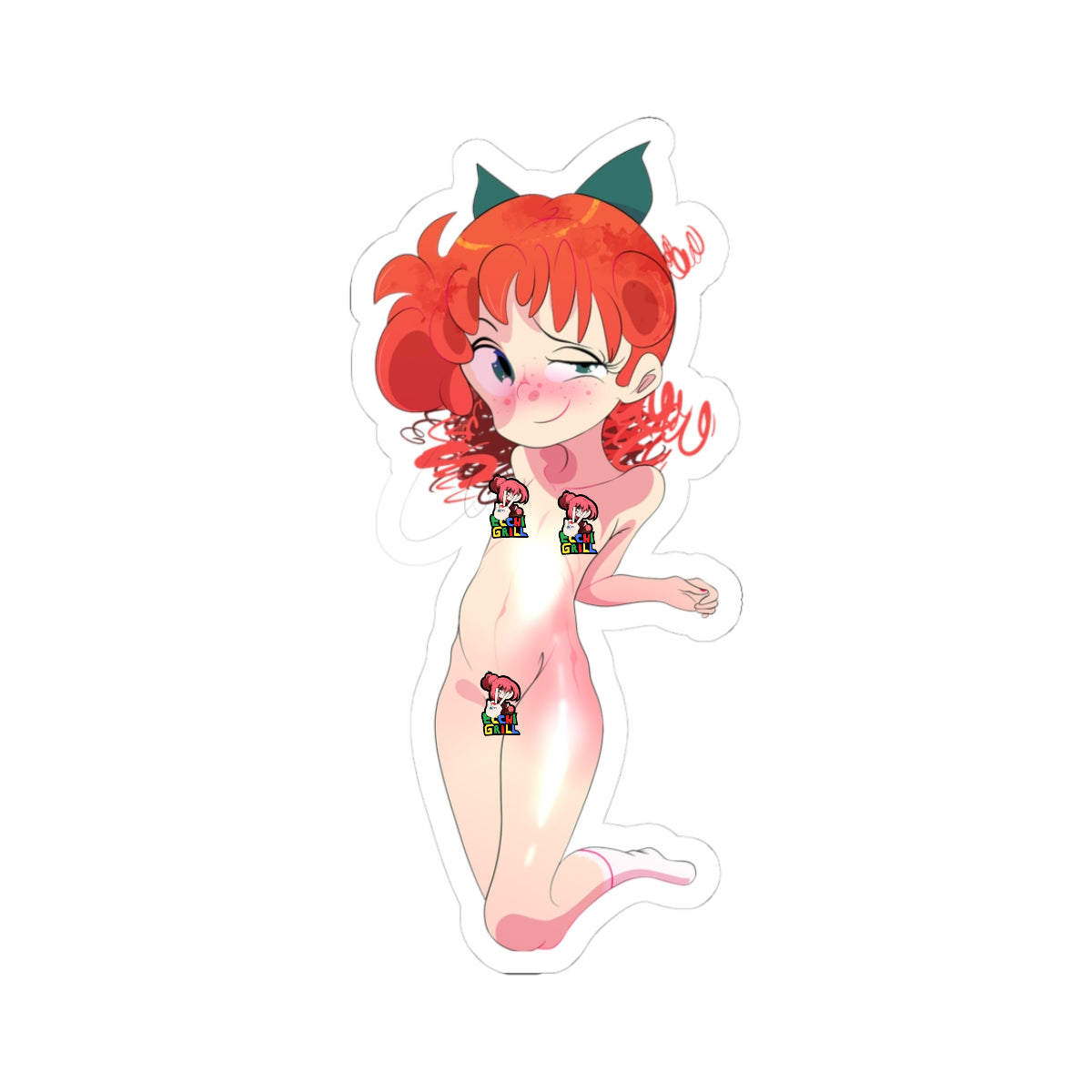 Adorable chibi anime girl with curly orange-red hair and green cat ears kneeling nude, smooth glossy pink skin shining, small perky breasts and softly rounded bloated belly, winking blushy face with freckles, teasing pose on one knee, vibrant playful ecchi hentai style on white background.