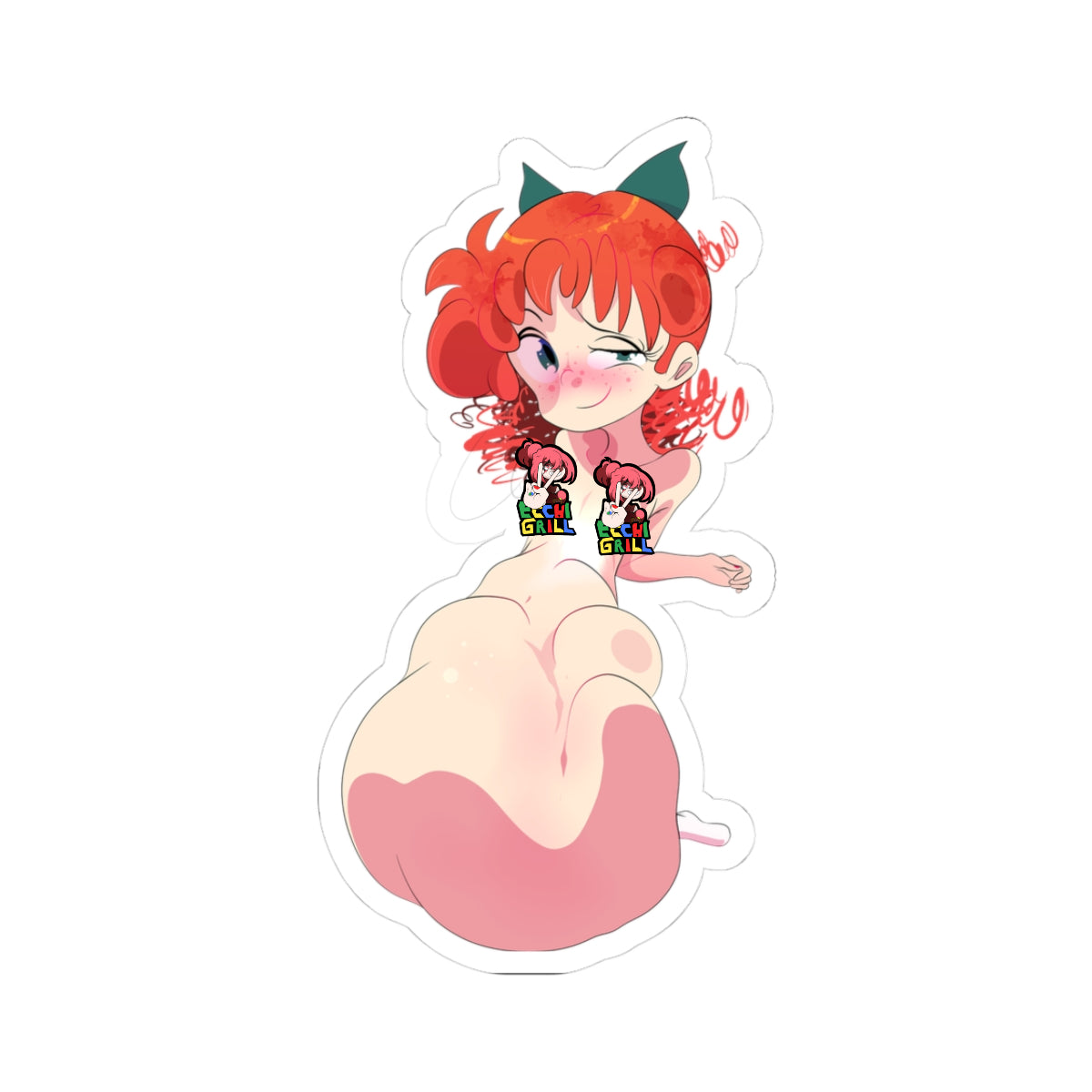 Cute chibi anime girl with orange curly hair and green cat ears, lying nude on side showing off massively swollen vore-inflated belly, plump rounded gut with pink highlights, winking blushy face with freckles, exaggerated curves in playful teasing pose, vibrant hentai style on white background.