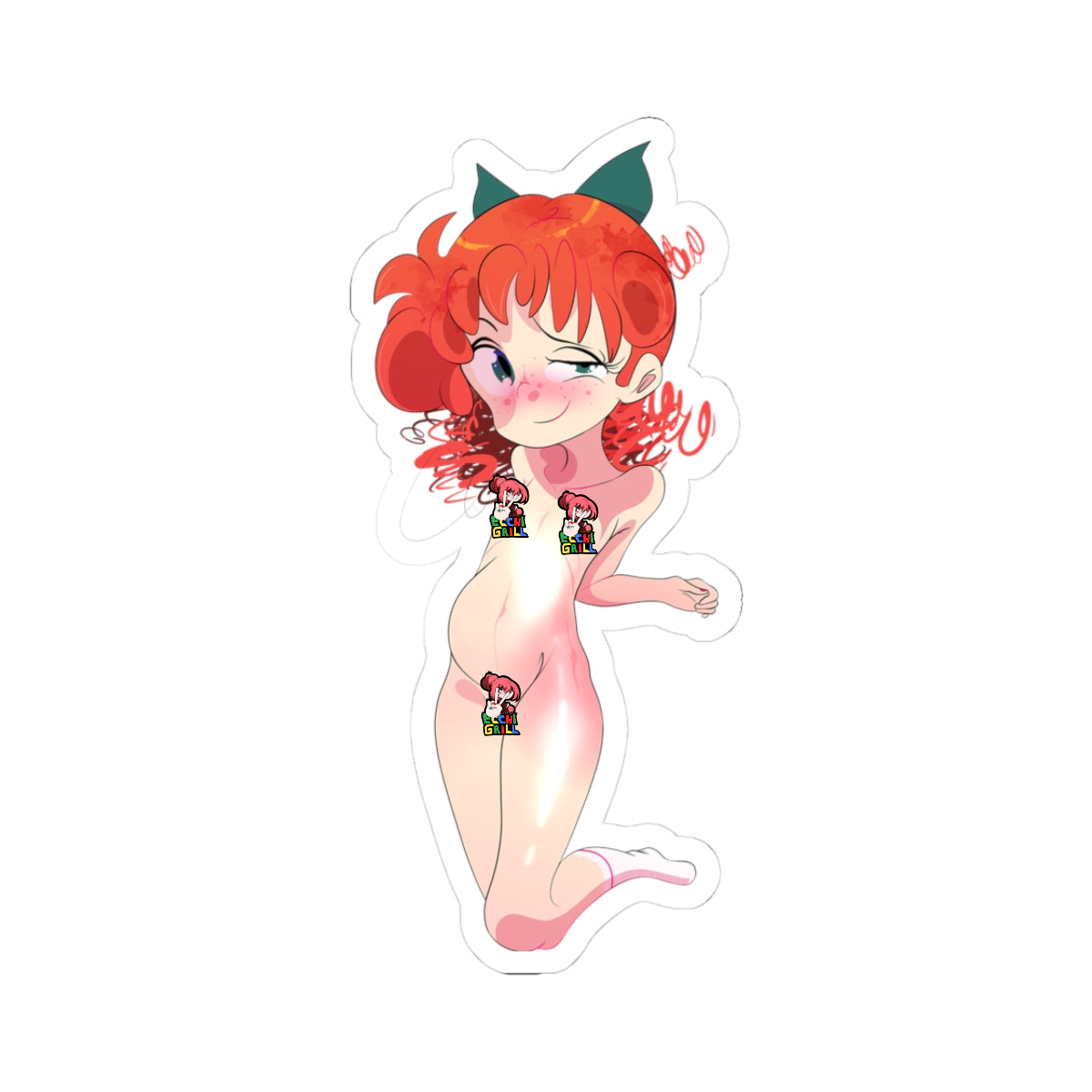Adorable chibi anime girl with orange curly hair and green cat ears kneeling nude, massively swollen vore-inflated belly bulging prominently, smooth pink skin with shine, winking blushy face with freckles, playful teasing pose emphasizing huge rounded gut, vibrant ecchi hentai style on white background.