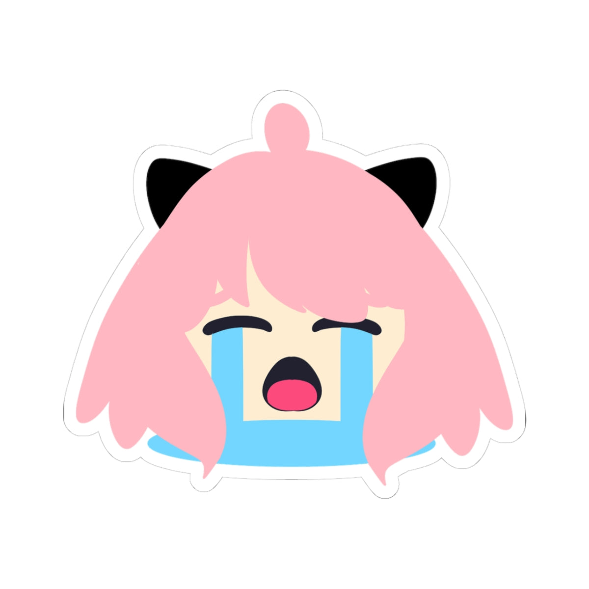 Cute pink-haired Anya Forger from Spy x Family with black cat ears, eyes closed tight and crying huge dramatic blue tears streaming down her face, open-mouthed sobbing expression with pink tongue out, meme-style overwhelmed crying sticker.