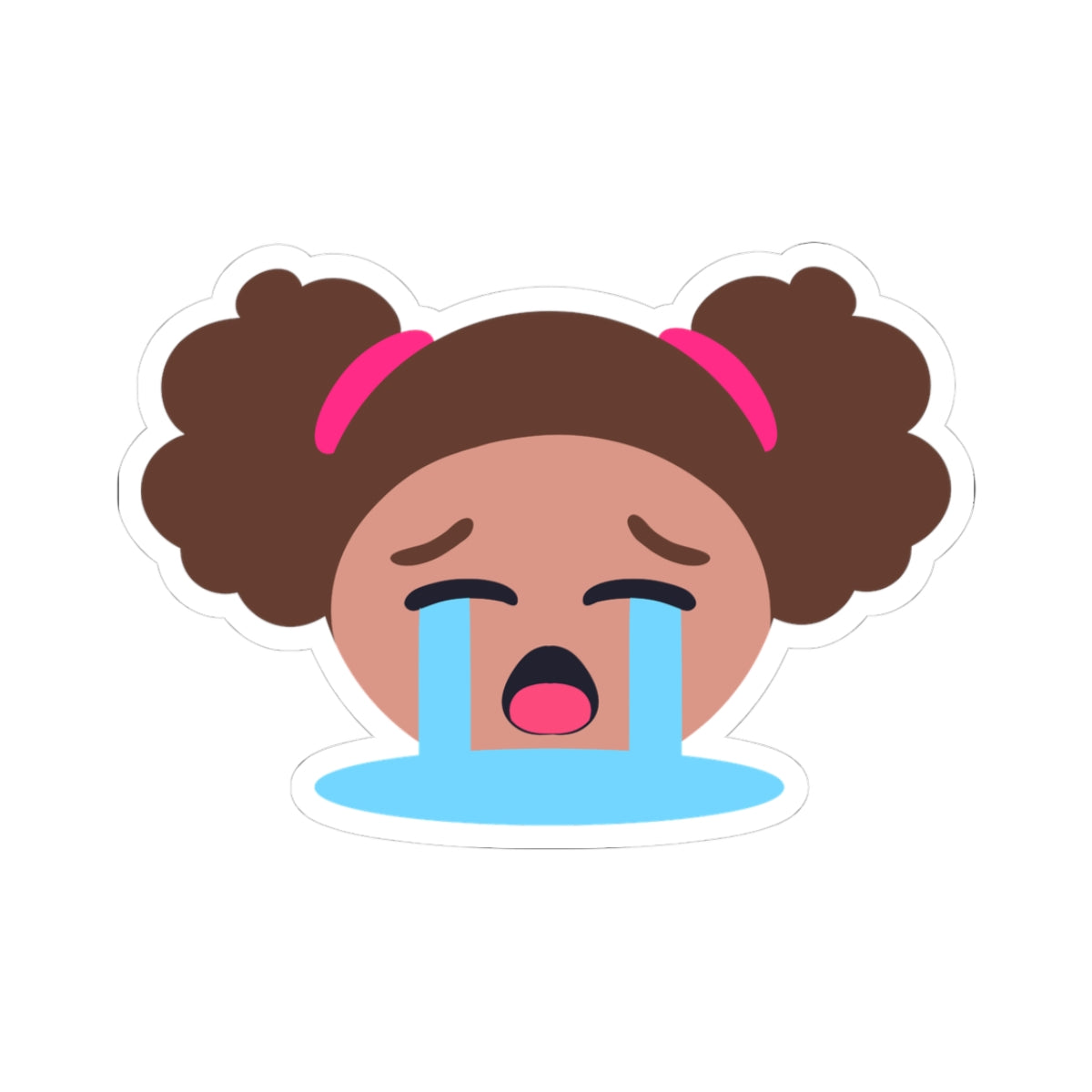 Adorable dark-skinned anime girl with big brown pigtails and pink bows, eyes closed tight and crying huge dramatic blue tears streaming down her face, open-mouthed sobbing expression with pink tongue out, meme-style overwhelmed crying sticker.