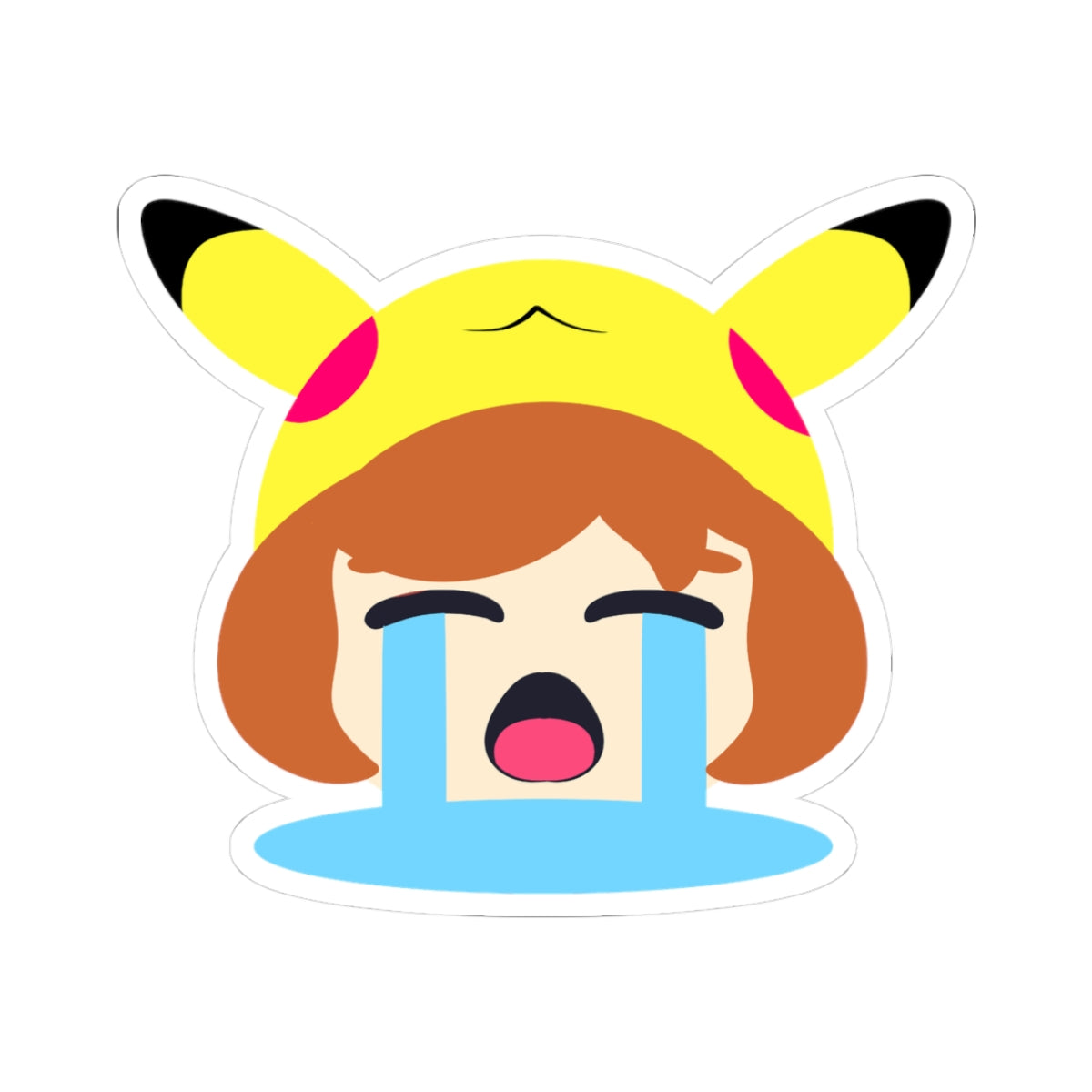 Cute anime girl with brown bob haircut wearing yellow Pikachu kigurumi hood, eyes squeezed shut and crying huge dramatic blue tears streaming down her face, open-mouthed sobbing expression, meme-style sticker.