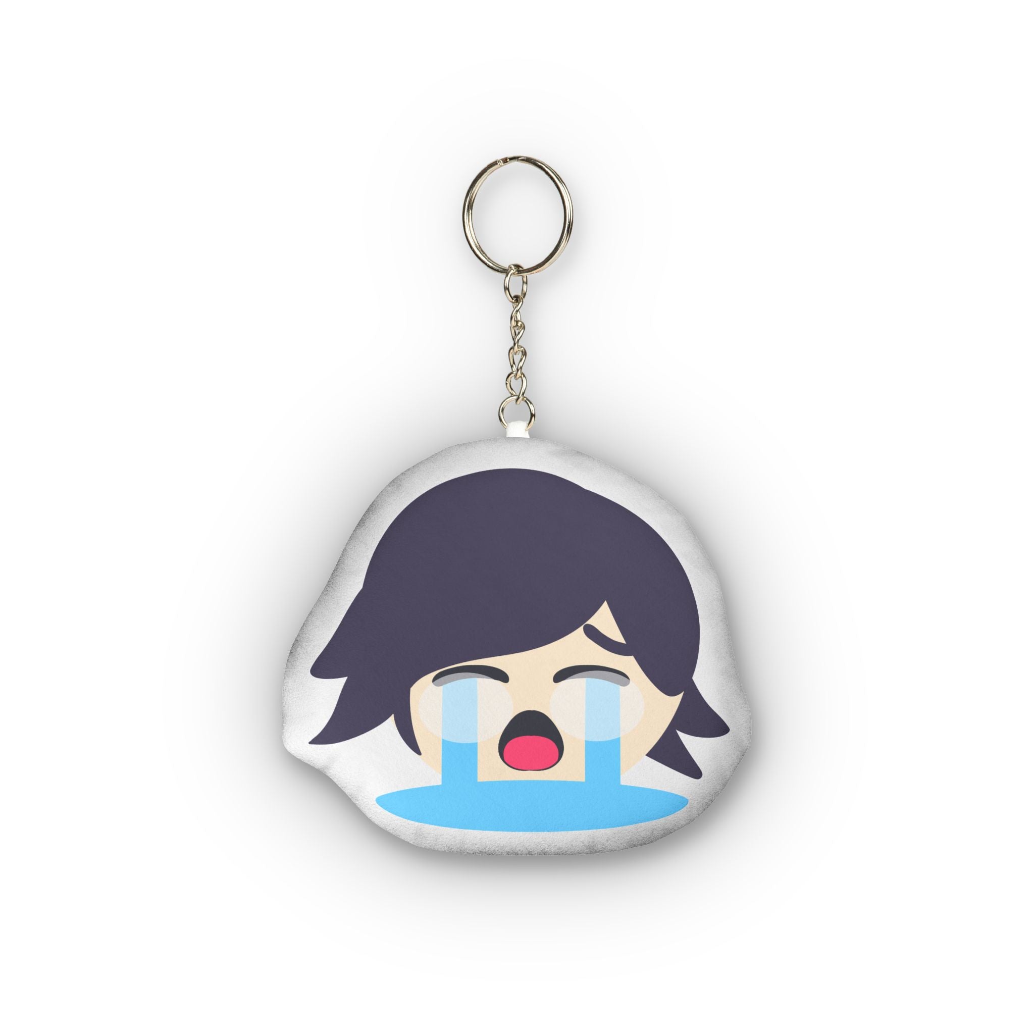 Adorable anime plush keychain of a girl with short dark brown hair, eyes squeezed shut in intense ecstasy, wide open mouth, heavy flowing blue tears streaming down her flushed face, and exaggerated overwhelmed ahegao crying expression on a soft rounded pillow charm.