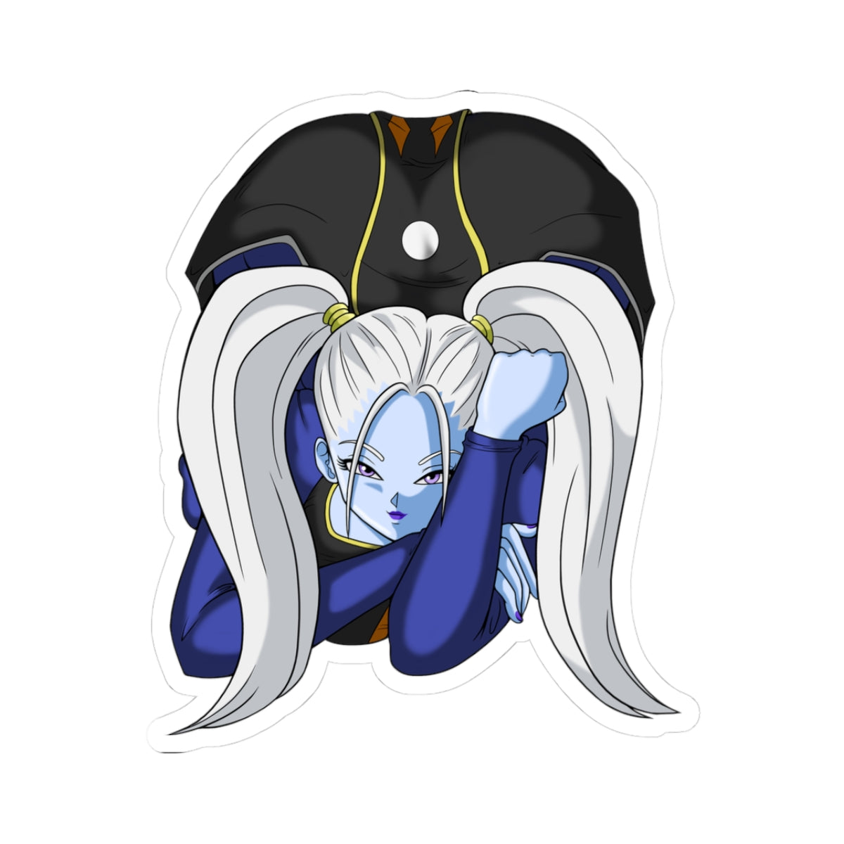 Seductive Dragon Ball Super female angel with pale blue skin, long white twin ponytails, purple eyes, and a teasing expression, lying prone in a form-fitting black-and-blue bodysuit with orange and yellow accents, arms propped under her chin.
