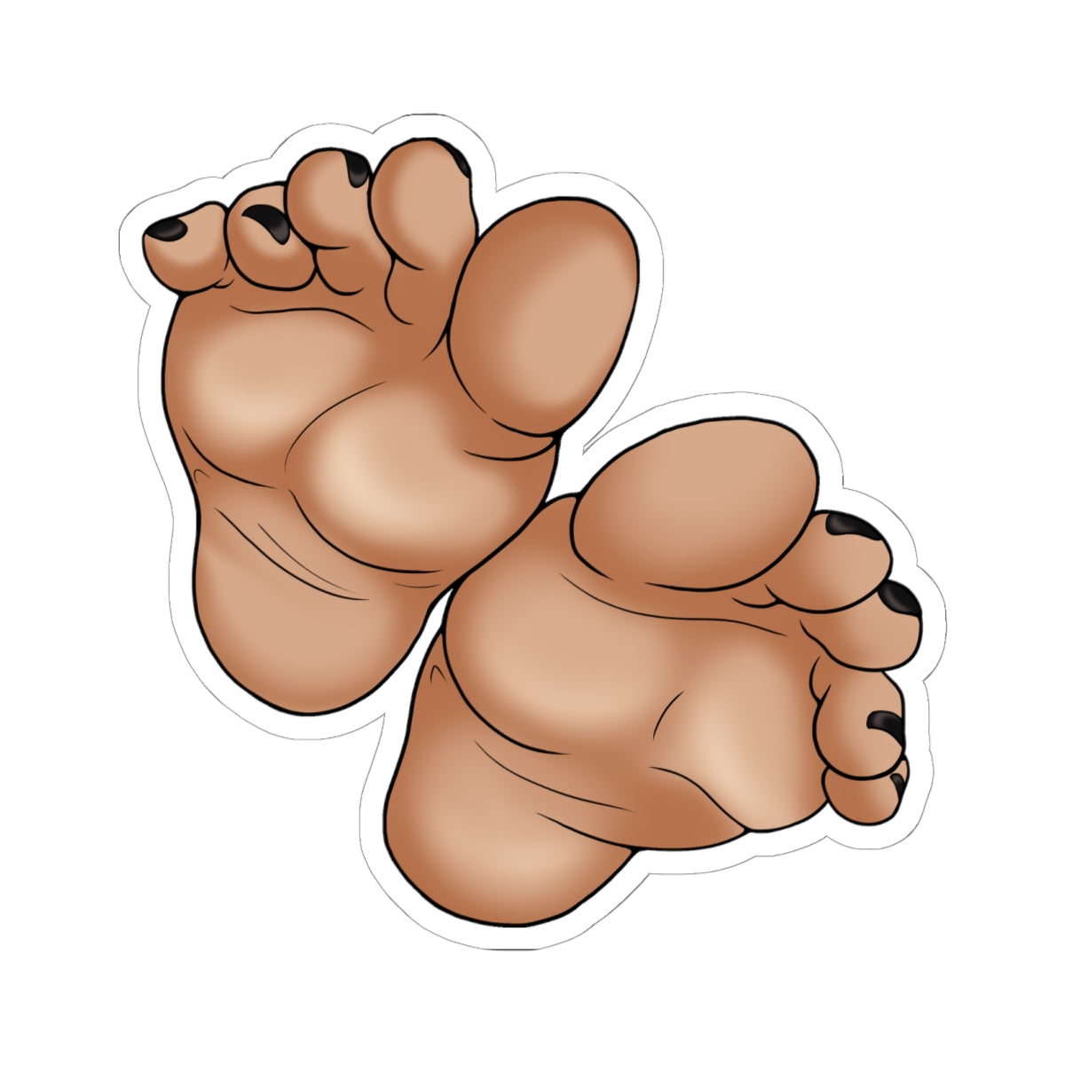 Close-up of sexy ebony anime girl feet soles facing forward, rich brown skin with detailed wrinkles and high arches, perfectly rounded toes painted glossy black toenails in a teasing foot fetish pose.