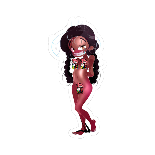 Dark-skinned curvy anime girl with huge afro, wrists tied behind her back, black tape sealing her mouth, eyes rolled in ahegao panic as her soaked white panties hang around her ankles and her massive bare ass is fully exposed.