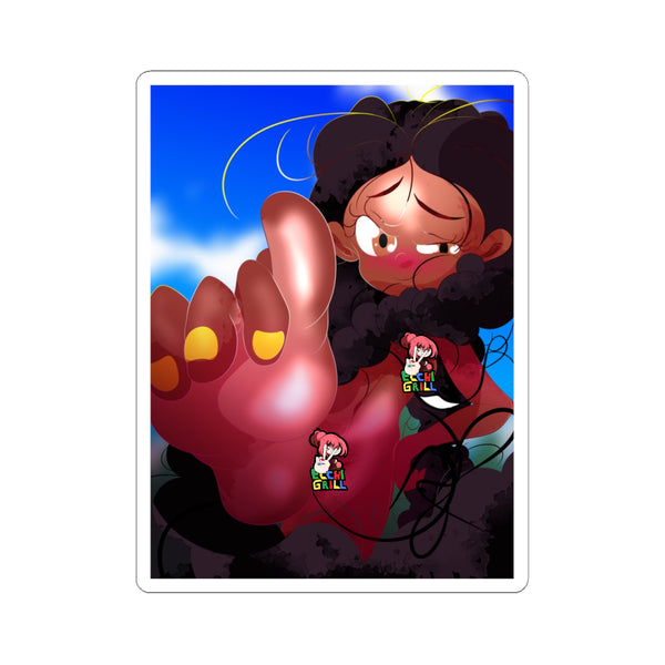 dark-skinned ebony anime girl with massive curly afro, blushing ahegao face and pleading eyes, pushing her bare feet with glossy yellow toenails toward camera in close-up POV against bright blue sky background.