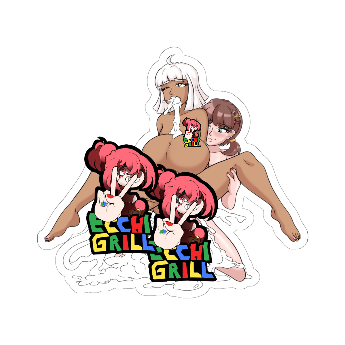 Fictional dominant ebony futanari with massive round brown ass and huge futa cock, lying on her back in piledriver position getting intensely fucked in the ass by a petite partner, thick white cum overflowing and leaking profusely from her stretched hole, explicit hentai sticker style with intense anal penetration.