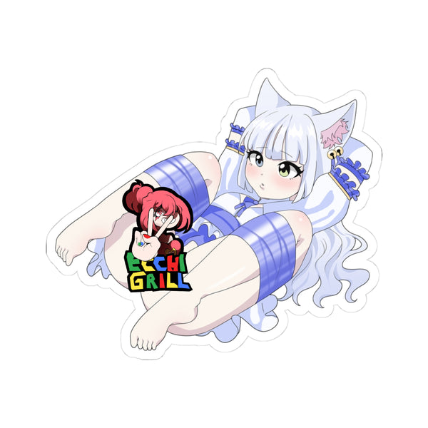 Chibi white-haired catgirl with fluffy ears and green eyes, blushing while crawling in blue rope bondage, tiny dress hiked up to expose her bare pink pussy and ass, tail twitching helplessly