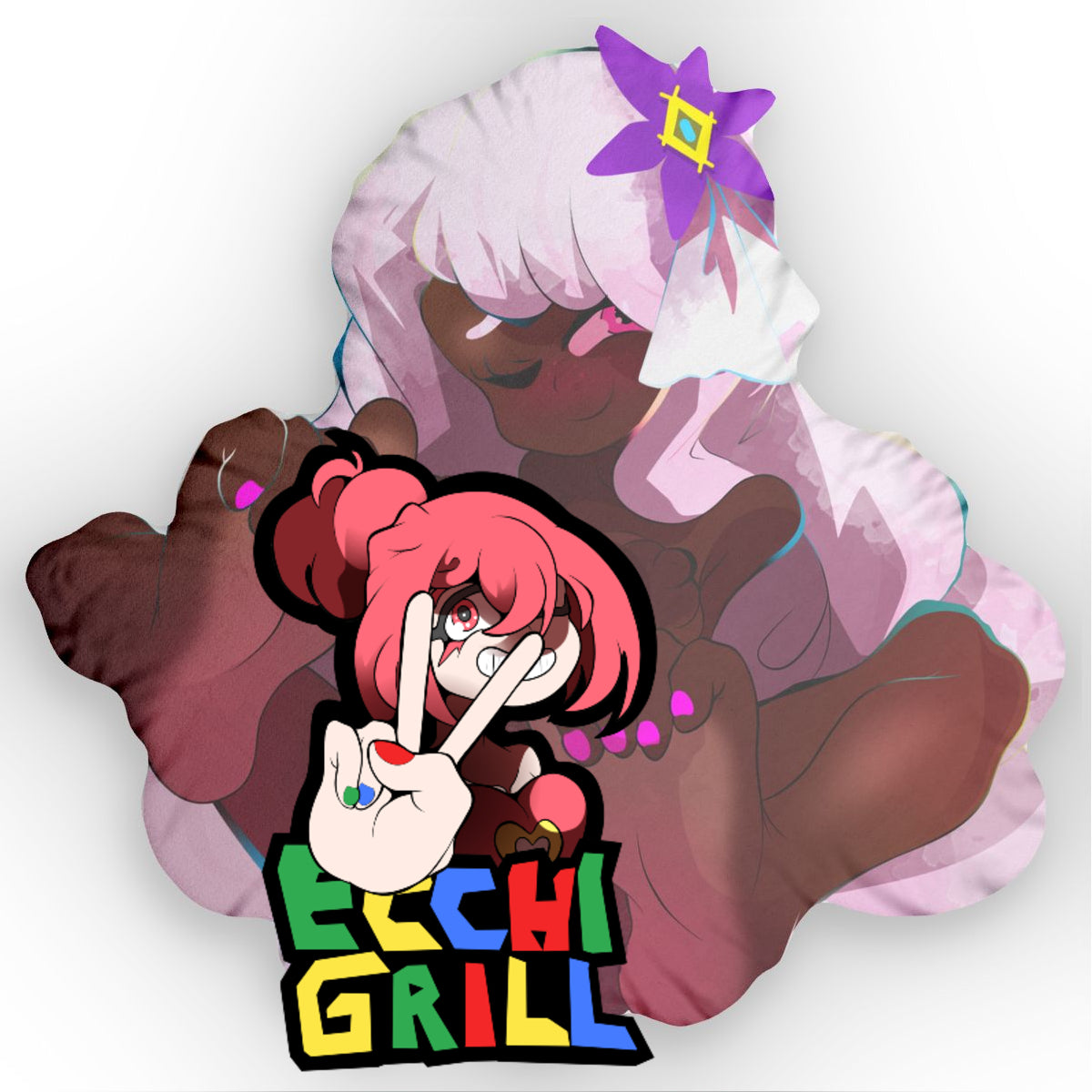 Dark-skinned futanari girl with white hair and purple flower, eyes rolled back in pleasure, using both soft bare feet with glossy pink toenails to stroke her own massive erect cock and heavy balls, thick precum dripping down the shaft.