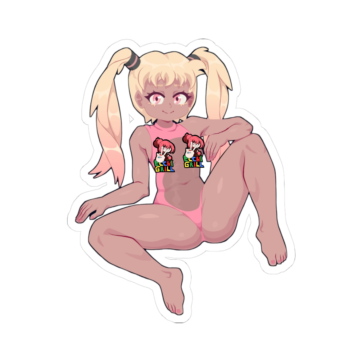 Anime ebony girl with blonde pigtails sitting relaxed in tight pink one-piece swimsuit, thighs parted to show bulging cameltoe and hard nipples poking through fabric