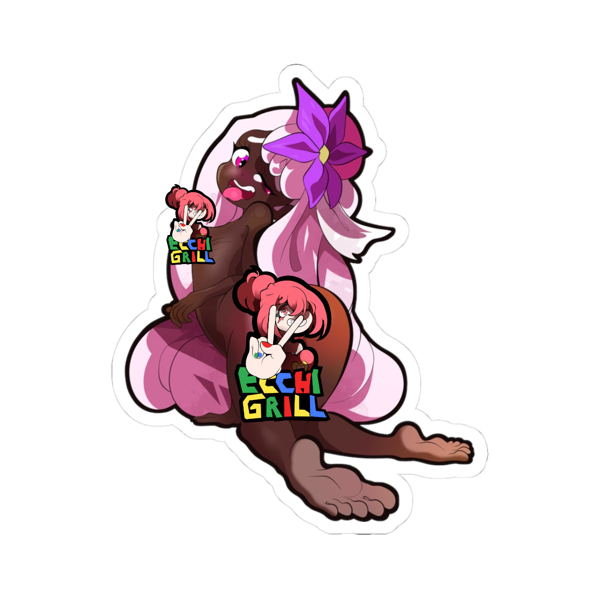 Filthy NSFW hentai ebony slut 21+ dark skin fluffy white hair pink eyes purple flower ahegao tongue out nude arching back thick ass green leaf plug tight pink pussy anus perky tits bare feet soles toes black background porn anime adult illustration ass pussy tease foot fetish fantasy ecstasy