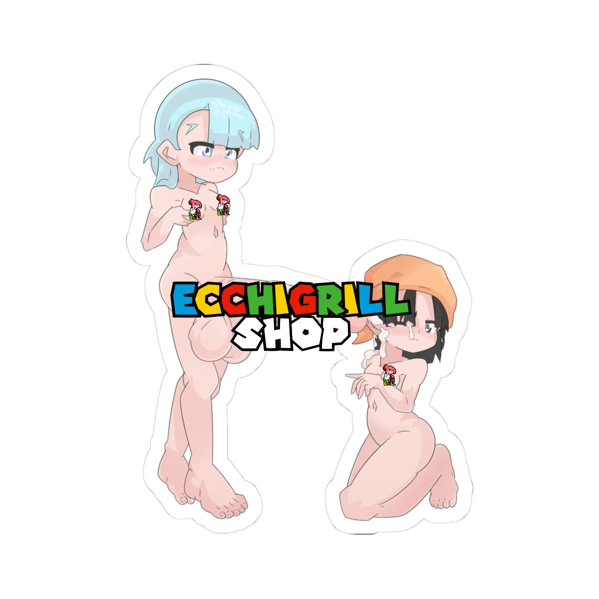 Tall nude futanari girl with light blue hair and star headpiece standing dominant, her thick erect cock pointed at the face of a kneeling short black-haired girl in an orange beret, heavy thick white cum exploding from the tip in multiple ropes splattering across the kneeling girl's open mouth, cheeks, chin, and tongue in intense futa cum facial scene, both fully nude with aroused and messy expressions.