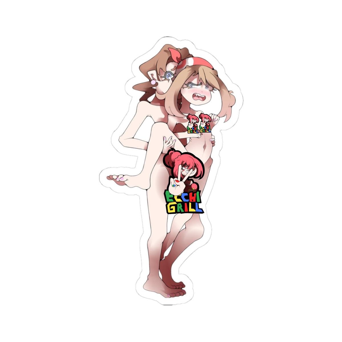 Dominant futanari mother with brown hair, red bow headband, and intense aroused expression lifting her smaller daughter in full nelson carry position, thick veiny cock buried deep in daughter's shaved pussy as heavy white creampie overflows and drips down thighs, both fully nude with flushed faces, daughter's legs spread wide in mid-air, detailed penetration and cum in intense suspended mother-daughter incest sex scene.