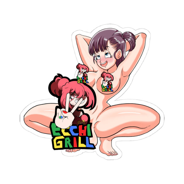 busty futanari anime girl with dark purple hair in high ponytail and bangs, big blue eyes and excited open-mouth grin with blush, nude full squat pose with arms raised behind head showing perky breasts and enormous erect veiny cock with swollen balls hanging low between thick thighs.