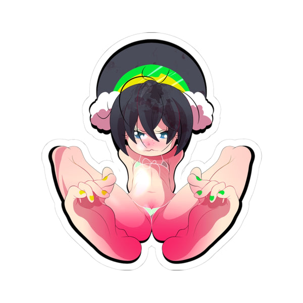 Smug petite loli with rainbow halo and freckles, green panties yanked aside exposing smooth cunny, legs wide with soft bare soles pressed tight around thick leaking cock in double footjob grip, colorful yellow-green-pink toenails digging in while she smirks down at you