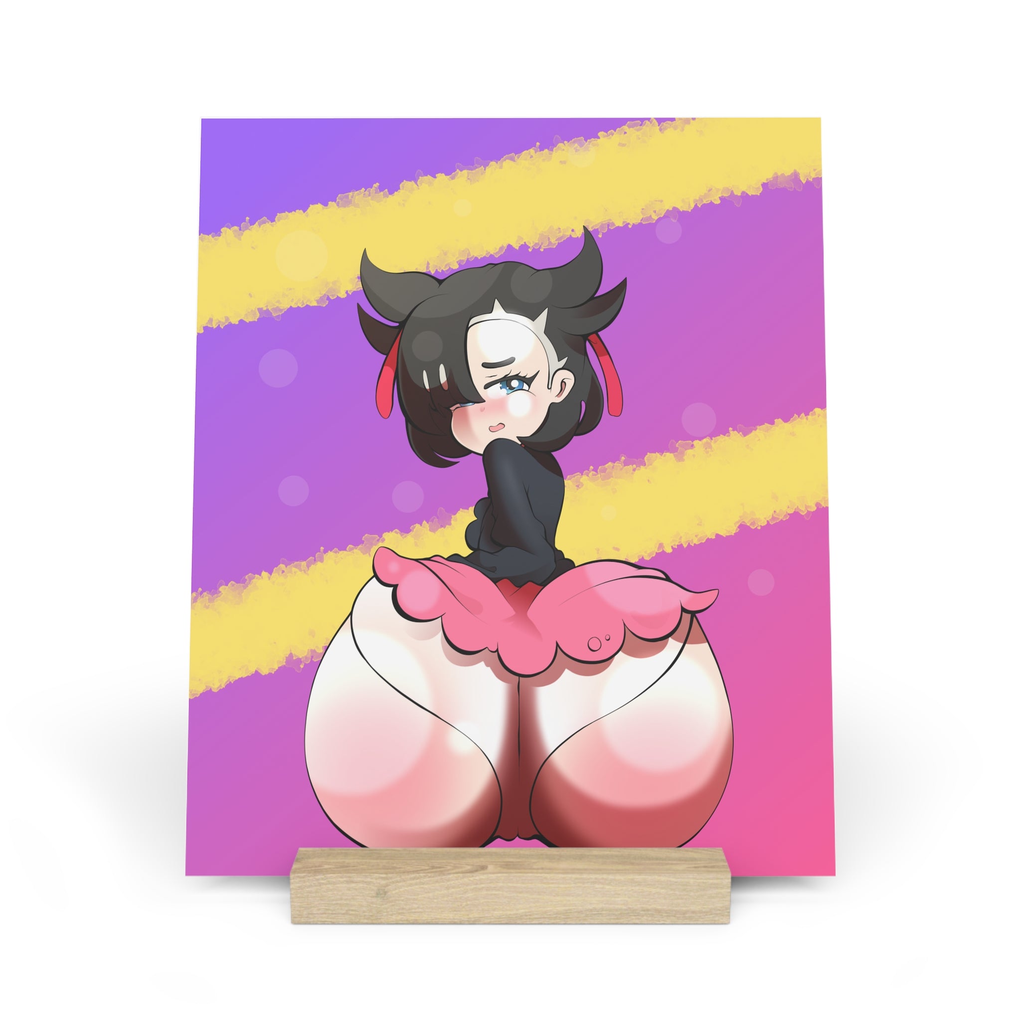 Adorable chibi Marnie from Pokemon Sword with spiky black hair twin horns and red ribbons, pale face mask accents, black outfit pulled up, perched atop enormous round pink ass cheeks spread toward viewer exposing wet pink pussy lips, pouty teary blue eyes glancing back, vibrant purple-yellow streaked gradient background with bubbly glow.