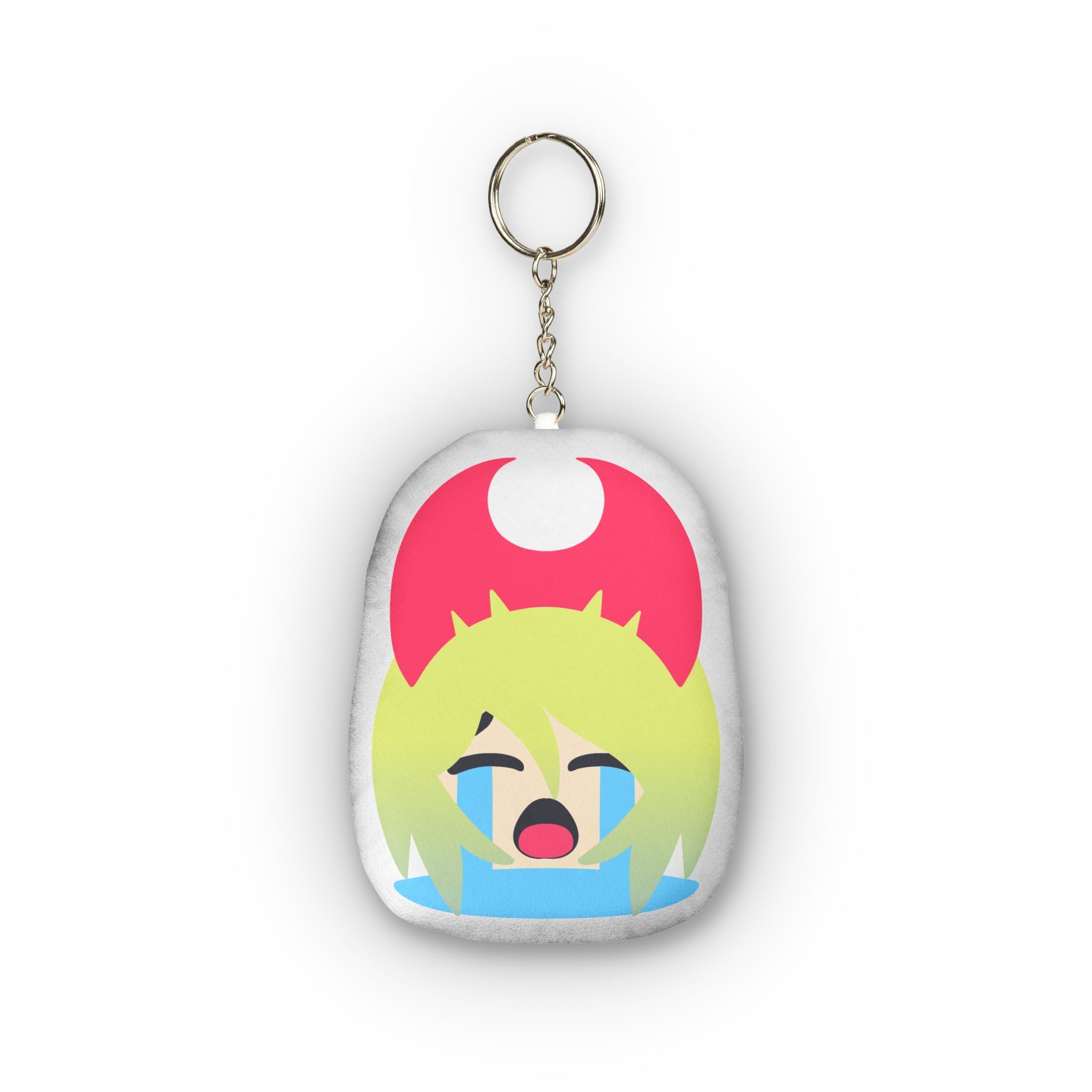 Cute hentai-style plush keychain of anime mushroom girl with lime green spiky hair under large pink mushroom cap, distressed sobbing expression, eyes squeezed shut, massive dramatic blue tears streaming endlessly down her flushed face, wide open mouth in exaggerated emotional chibi design.