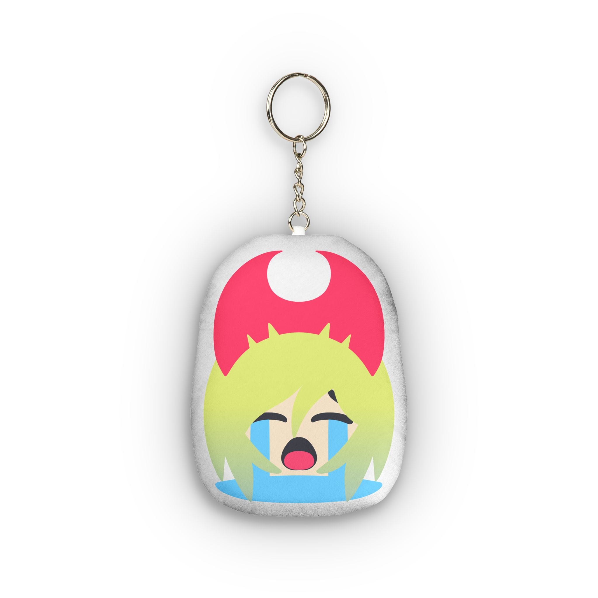 Cute hentai-style plush keychain of anime mushroom girl with lime green spiky hair under large pink mushroom cap, distressed sobbing expression, eyes squeezed shut, massive dramatic blue tears streaming endlessly down her flushed face, wide open mouth in exaggerated emotional chibi design.