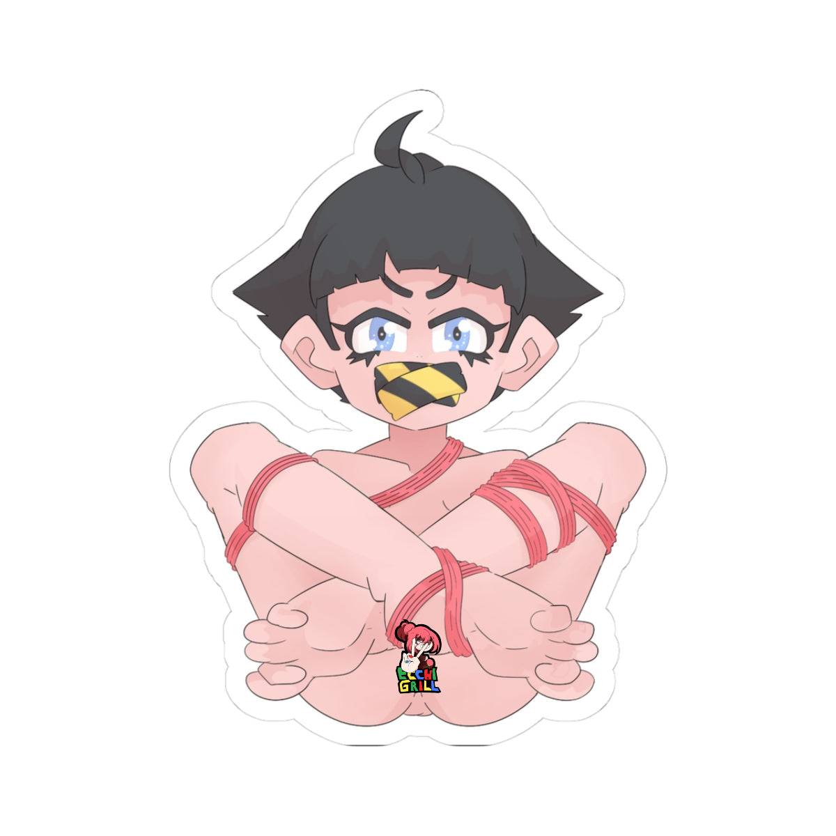 Cute petite anime girl with short black hair and sparkling blue ahegao eyes, mouth sealed with yellow caution tape gag, arms crossed and tightly bound with red rope, sitting with legs spread wide exposing smooth shaved pussy and bare feet.