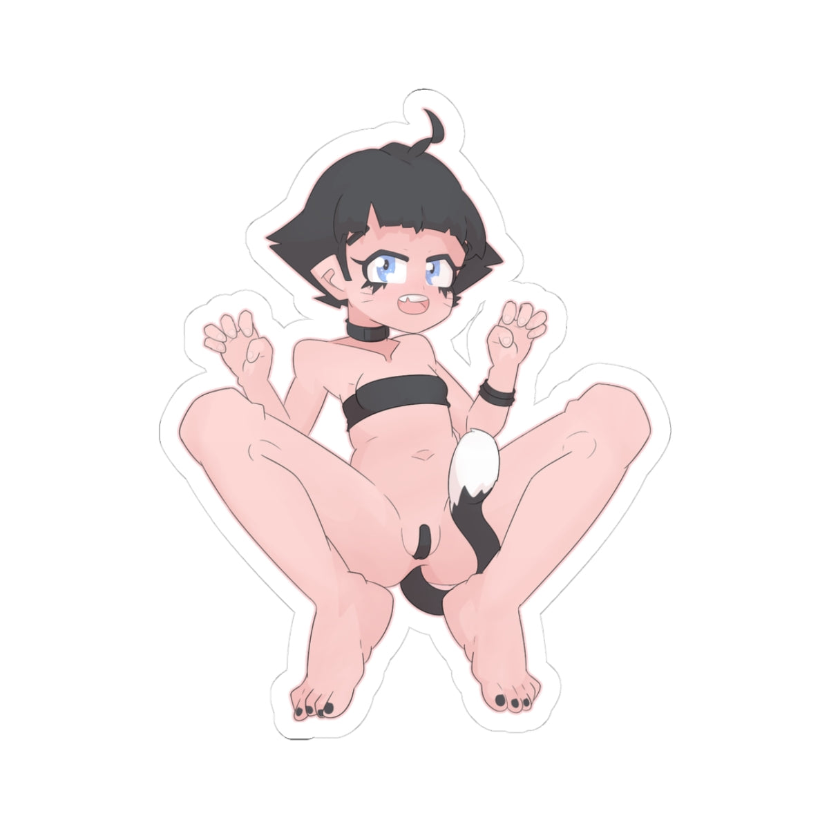 Cute petite anime catgirl with short black hair, big sparkling blue eyes, black choker and wristband, wearing black tube top, squatting with legs spread wide exposing bare feet, fluffy black-and-white tail, and prominent panty bulge outline.